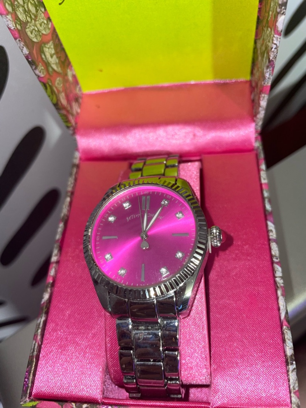 Betsey Johnson Hot Pink Dial Silver-Tone Bracelet Watch - Picture 2 of 2